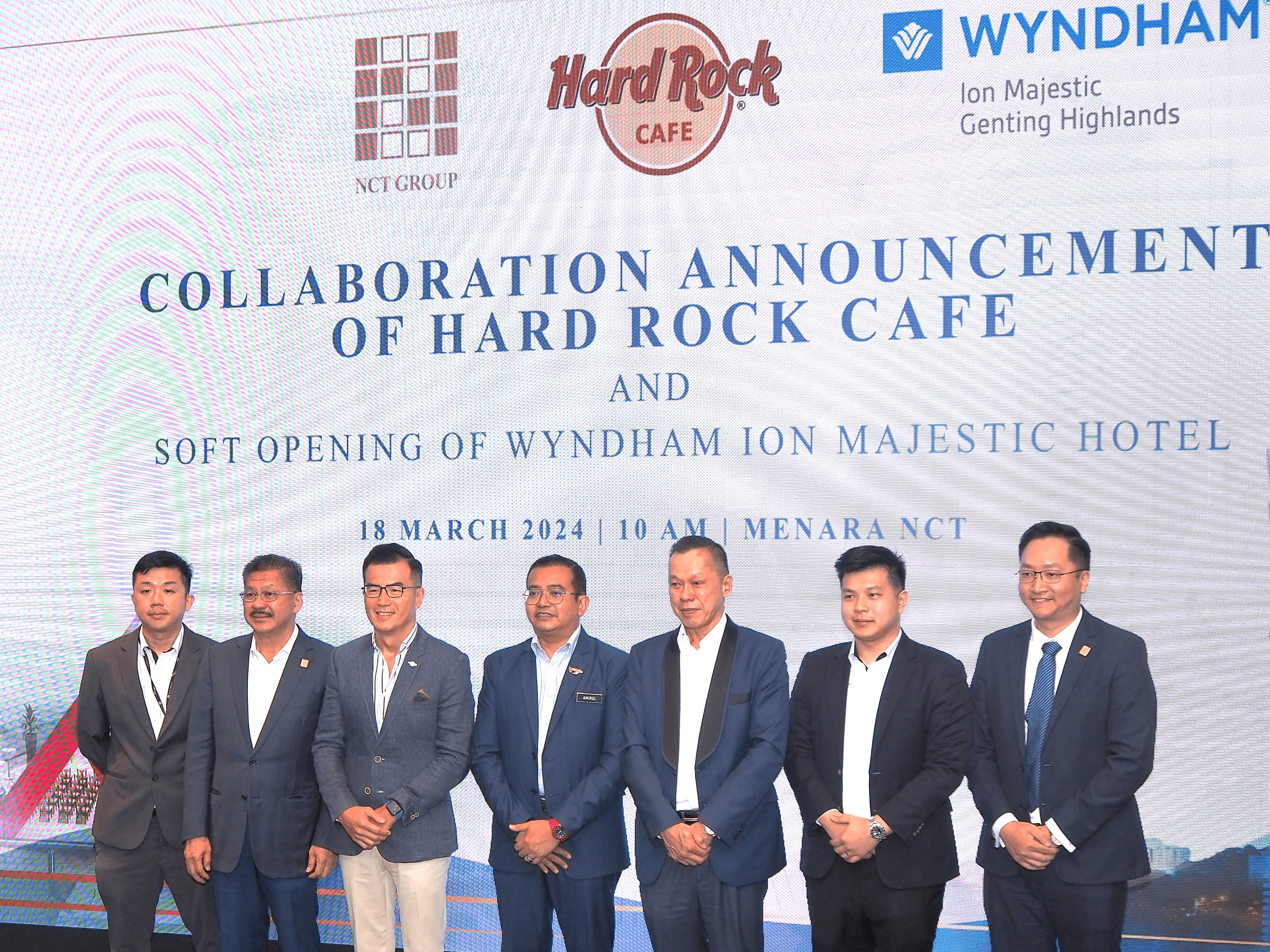 NCT Alliance Bhd executive chairman/group managing director Datuk Seri Yap Ngan Choy (third from right) and his team with Hard Rock Cafe Asia vice president Malcolm Chao (third from left), Tourism Malaysia senior deputy director (advertising & digital division) Mohd Amirul Rizal Abdul Rahman (centre) and Ion Majestic Hospitality Sdn Bhd executive vice president (corporate strategy & business development) Tee Yih Fung (right) at the soft opening of Wyndham Ion Majestic in Genting Highlands on March 18, 2024.
